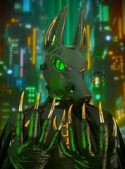 Asterisk is brandishing his claws, exclaiming he's now going to use them for increased sensation. His shiny body and claws are reflecting the green and orange lights within his surroundings. His green eye is glowing beneath the lights.