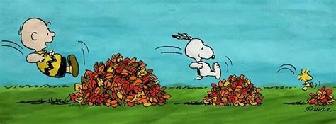 cartoon characters jumping into leaf piles