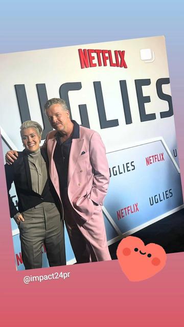 Costume Designer Cris Araujo wore Xover0's Geoheart necklace to the premiere of Netflix's Uglies. In this image she poses with the movie's director McG on the red carpet. This post was originally shared on Instagram last year by Impact 24 PR.