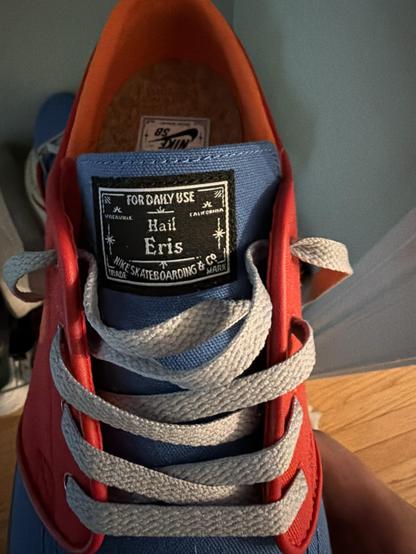 Red, blue, and orange shoes with “Hail Eris” written on the tongue.