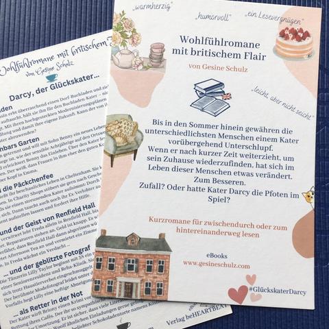 Vorder- und Rückseite des Flyers für die Romane mit Glückskater Darcy von Gesine Schulz.