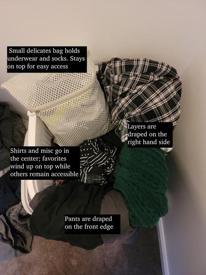 photo of a white laundry hamper. sweaters and flannels are draped over the right hand side, pants are draped over the front edge, shirts and other garments are in the hamper itself, and a small delicates bag with underwear and socks sits on top