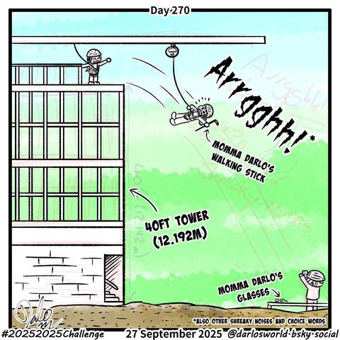 Drawing of Momma Darlo jumping from a 40ft (12.192m) free fall tower. She's holding her walking stick and screaming. Darlo is at the bottom of the tower with a camera.