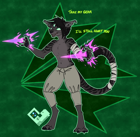 Digital art of a 3 eyed feline character wearing only pants. They have psy-blades manifesting on their hands. Text reds "Take my gear. I'll still hurt you".
