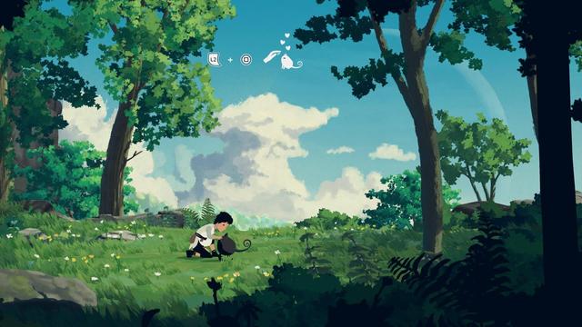 Main character Lana petting her new cat friend Mui in a grass valley surrounded by trees and a cloudy sky.