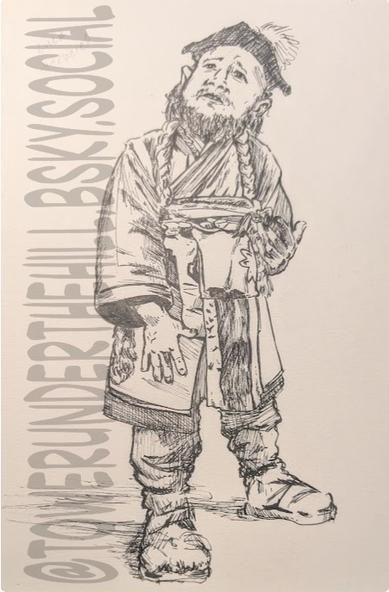 Black-and-white sketch of a dwarf in robes and toe-boots. He wears a black feathered cap with winged edges. He looks up toward the ceiling with a concerned look on his face.