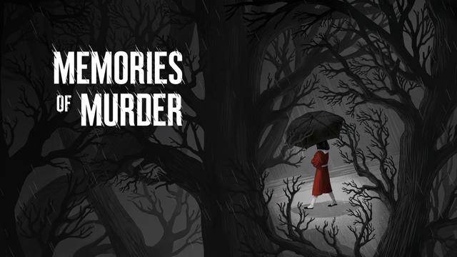 Poster-thumb for "Memories of Murder" featuring a stylized illustration of a dark forest scene with bare, twisted trees creating an ominous canopy. In the center, a small figure in a red coat walks through. The title "MEMORIES OF MURDER" appears in large white distressed lettering on the left side. The overall design uses a monochromatic palette with only the red coat providing color contrast, creating a haunting fairy-tale-like aesthetic that reflects the film's blend of dark comedy and horror in exploring police incompetence during a serial killer investigation.