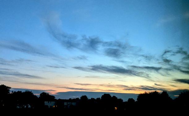 Sunset picture with dark clouds at the horizon, an orange glow above that, and shadowy, wispy clouds above with a pale blue sky behind them. There is also a dark silhouette of trees and houses.