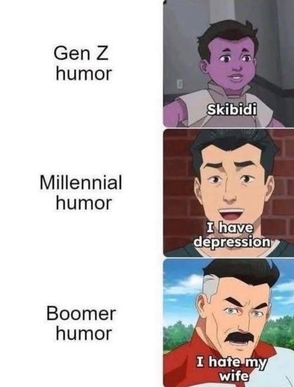 Meme shows three cartoon panels comparing generational humor. Gen Z humor is random nonsense (“Skibidi”), Millennial humor is about mental illness (“I have depression”), and Boomer humor is about failed marriages (“I hate my wife”). The caption reframes this as the history of comedy: baby talk, therapy talk, then lawyer talk.