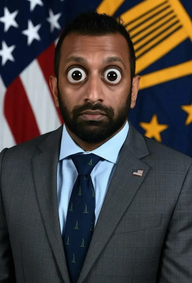 Kash Patel's photograph, with very enlarged eyes.