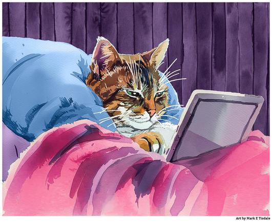 Digital art that shows a tabby cat lying in bed with their head on a pillow. Their face is illuminated by the glow of a mobile tablet propped up on the blanket that covers them.