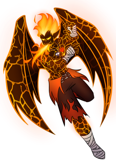 A Krosmoz OC named Ignacio el Rojo, the Volcanic Sacrier Demigod of Brakmar, in its Volcanic Form. He is posed as if it were he's ready to unleash his wrath to his foes.

For the appearance: his body, including the wings have the magma texture applied to them. The face, also supported with the magma texture but without the cracks, is made up of his hair burning yellow and orange, akin to a candle wick (but larger), and his eyes with an orange sclera, supported by the bright yellow vertical irises, akin to the eyes of a dragon. The expression on his face is shown with anger and fire coming out of its mouth and with the tongue out (having the same gradient as his hair). His hands and feet are wrapped with fireproof bandages.

In his torso, he wears the two silver dogtags from his Brakmarian militia days. Next to the dogtags is the signature heart tattoo from the Sacriers in the right pectoral, albeit different, as the tattoo also features the flame inside him. In the orange nipples however, he wears golden nipple ring piercings.

On the other half, the dark grey pants, covering up to the thighs with torn edges and a red flaming pattern at the end consist of two drapes of orange clothing, akin to a volcano erupting lava, followed by the chains that were used during his past imprisonment, utilized as its belt.