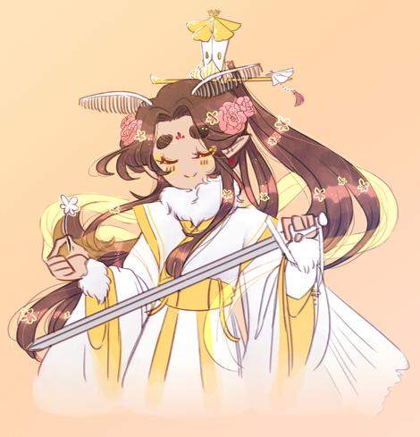 A drawing of Xie Lian from TGCF in an AU. He appears as a moth-human hybrid, based on a white silk moth. He has fuzzy white antennae and neck and wrist cuffs of white fur. He is dressed in his white crown prince robes, lined with gold. He is smiling, eyes closed, head tipped slightly down as he holds up a flower in his right hand and a sword in his left. On his face he has gold lip and eye paints. His hair, which is tied up into a high ponytail, is decorated with an intricate moth themed guan.