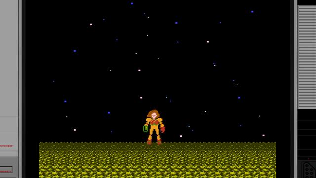 Alt text description: A first-person perspective of a Metroid game screen. The players suit is yellow, indicating power-ups acquired. On the right side, theres a computer monitor displaying an image of Samus Aran, the protagonist, with her suit illuminated in green and red lights.