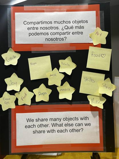 A photo of a display on a  black posterboard. There is a prompt in English "We share many objects with each other. What else can we share with each other?" and in Spanish "Compartimos muchos objetos entre nosotros. ¿Qué más podemos compartir entre nosotros?" People have written on yellow sticky notes, some square and some star-shaped, one word on each note: "Comida, joy, cleanups, food, ropa, pañales, amor, mochila, skills, stories, music"