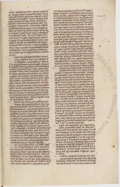 f.3r from Ott.lat.1757. Two columns of 13th C gothic text of Papias' Elementarium.  It is a dictionary with small indents to start each entry, though the capitol letters that were planned for each were never added in