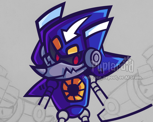A work in progress screenshot, of a digital vector fan art of Metal Sonic, from the Sonic the Hedgehog series, drawn in the artist's (me, Puplaroid) own original art style. He has some visible changes, as lack of ears, replaced by sideways robot antennae on both sides of his head, a longer snout, a visible mouth with metal teeth, an arrow in his forehead (a design hint at his Neo Metal Sonic form), and thicker arms.