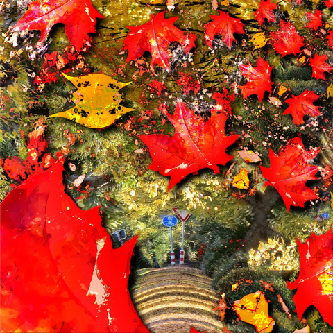 Bearbeites Foto mit Blick durch viele rote Blätter auf einen mit Herbstblättern bedeckten Radweg.
Edited photo showing a view through many red leaves onto a cycle path covered with autumn leaves.