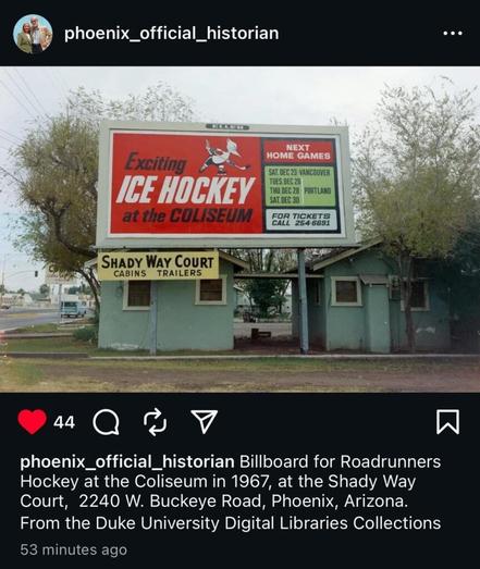 1967 Billboard for the Phoenix Roadrunners [Phoenix Official Historian on insta]
