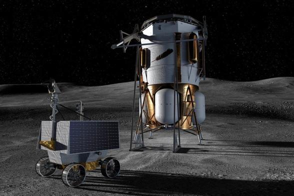 Een illustratie van Blue Origin's Blue Moon Mark 1-lander en NASA's VIPER op het maanoppervlak.
