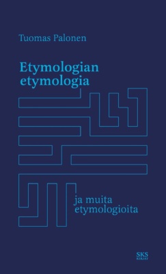 Etymologian etymologia -kirjan sinisävyisessä kannessa on suorakulmainen labyrintti, joka johtaa kirjan nimestä sen alaotsikkoon.