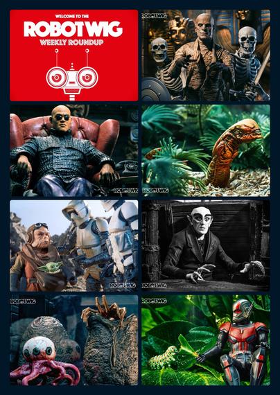 My weekly roundup in grid form starting top left
My Robot Wig logo
The Mummy with an Army of Skeletons
Morpheus from the Matrix
Chestburster out in the wilderness 
Mandalorian scene with Kuiil and Grogu
Nosferatu
The Eye T. Ocellus from Alien Earth
Ant man feeding a caterpillar