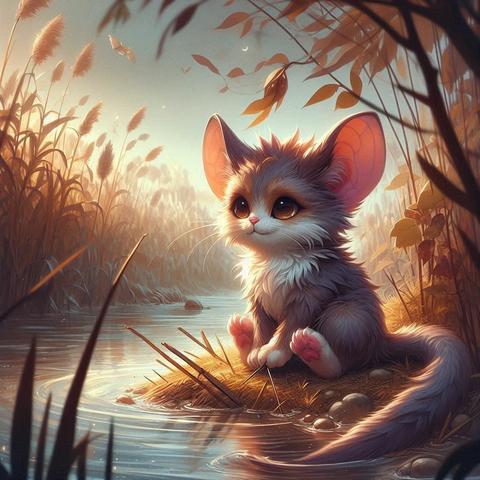 KI Bild. Ein magisches Wesen, das aussieht wie eine Mischung aus Katze und Maus, in grau-weiß, mit sehr großen Ohren und traurigem Blick sitzt an einem kleinen Fluss. Rechts und links vom Ufer wächst Schilf und Getreide.