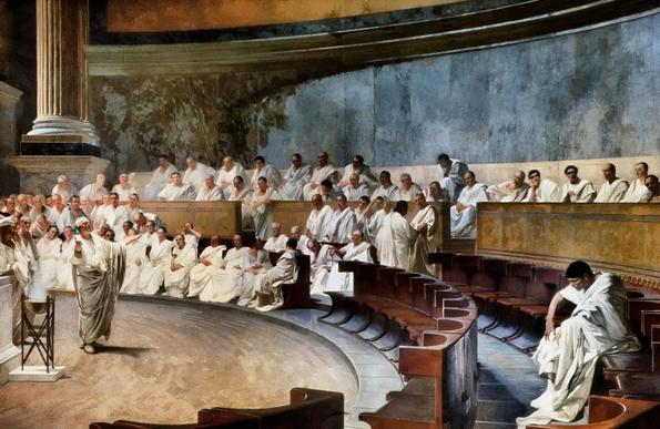 An 1889 depiction by Cesare Maccari of Cicero, then consul, speaking against Catiline, at right.