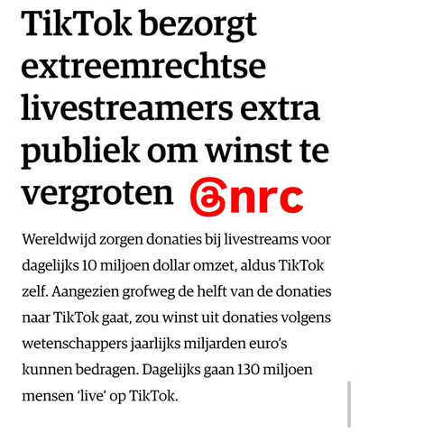 Print screen van het artikel in NRC over hoe TikTok verdient aan extreem rechts