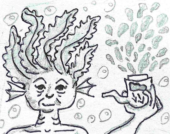 Gribouillis d'un personnage sous l'eau avec des algues en guise de cheveux, aspirant du gaz avec une pipe.