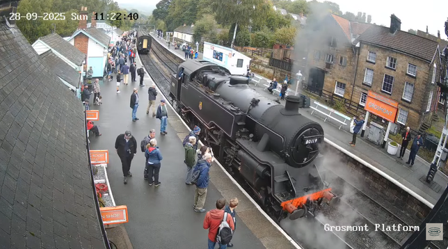 Back in with the steam locomotive, to the other side of the passenger carriages, to change direction. North Yorkshire Moors Railway, Grosmont.