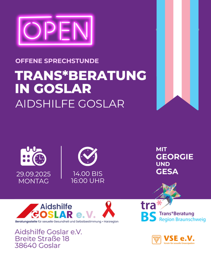 Grafik zur offenen Sprechstunde der Trans*Beratung in Goslar. Veranstaltet von der Aidshilfe Goslar am Montag, den 29.09.2025, von 14:00 bis 16:00 Uhr. Mit Georgie und Gesa. Ort: Breite Straße 18, 38640 Goslar.