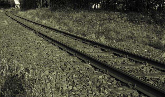 A sepia-toned image of railway tracks curving to the left through overgrown grass and gravel, with a forested background. The composition emphasizes depth and symmetry, evoking a sense of journey and quiet passage.