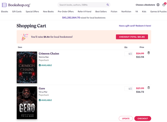 Bookshop.org screenshot showing Crimson Chains by Sienna Rae and Gero by YD La Mar available for sale, plus the note of how much the total order will send to support local bookstores ($8.80).