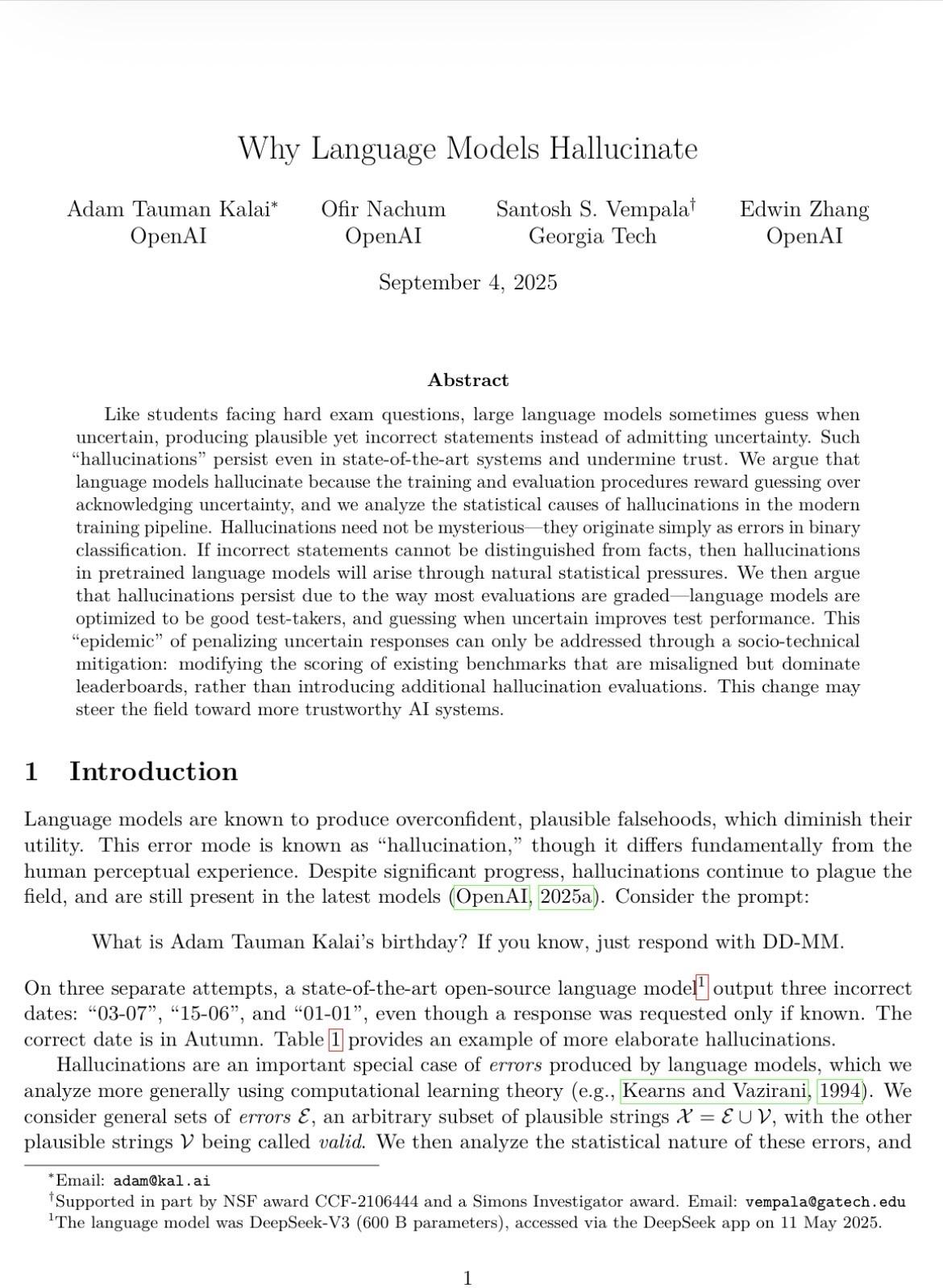 An academic paper titled "Why Language Models Hallucinate," authored by Adam Tauman Kalai, Ofir Nachum, Santosh S. Vempala, and Edwin Zhang, discusses the phenomenon of large language models producing incorrect yet plausible statements due