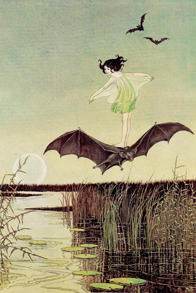 A fairy in a green skirt ride a bat across a marsh with reeds and a lily pond. The moon is rising at the back of the picture.