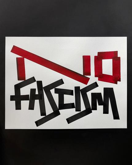 Handmade lettering art that says: NO FASCISM in red and black on a white paper.