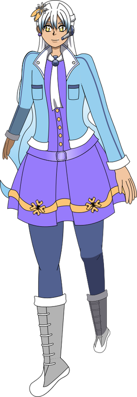 A vector drawing of Clarkia (macOS Sierra and High Sierra); she has long wavy hair with a white to blue gradient, has gold eyes and is wearing a purple minidress with a blue and white jacket. Her dress has an orange ribbon layer near the hem with orange clarkia flower motifs pinned to it. She has a metal clarkia flower hairpin with an orange ribbon on the right side of her head, and an earpiece on the left side of her head. She wears dark blue leggings with gray and white boots. The drawing is partially shaded.