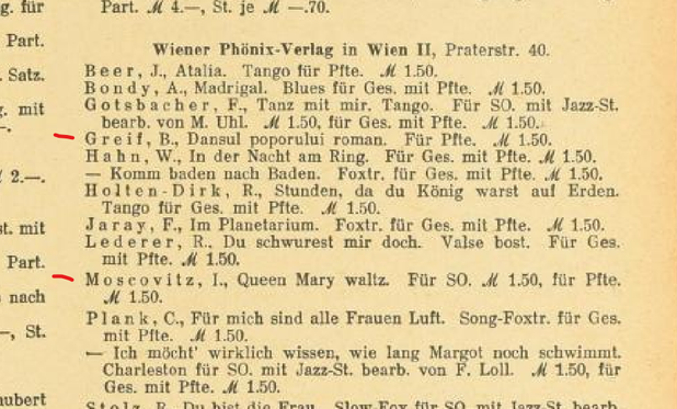 detail from an old printed document in German showing a list of sheet music published by Winer Phonix Verlag in Vienna. Two of them are indicated with a red notch, B. Greif Dansul poporului roman, and Moscovitz I., Queen Mary waltz.
