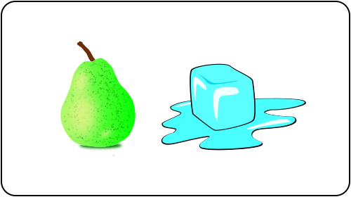 described right to left:
a melting ice cube, a pear
