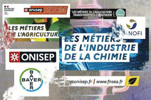 L’organisme public chargé de l’information sur l’orientation scolaire réalise ses brochures avec les entreprises Bayer, Sanofi ou encore avec l’UIMM, syndicat patronal. © Photomontage Mediapart avec documents