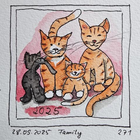 Aquarell: Familienfoto 2025: Auf dem Foto zu sehen sind vier Katzen. Eine Katze, ein Kater und dazwischen ein dickes, rotgetigertes Kätzchen. Links, neben der Mamakatze ist ein schwarzgetigertes Kätzchen,  dass dem Betrachter allerdings nur sein Hinterteil zudreht.

Watercolor: Family photo 2025: The photo shows four cats. A mother cat, a father cat and between them a fat, red tabby kitten. On the left, next to the mother cat, is a black tabby kitten that is only turning its backside towards the viewer.