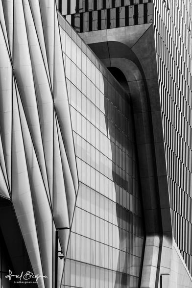 Closeup of The Shed building in New York City illustrating different shapes and patterns in black and white.