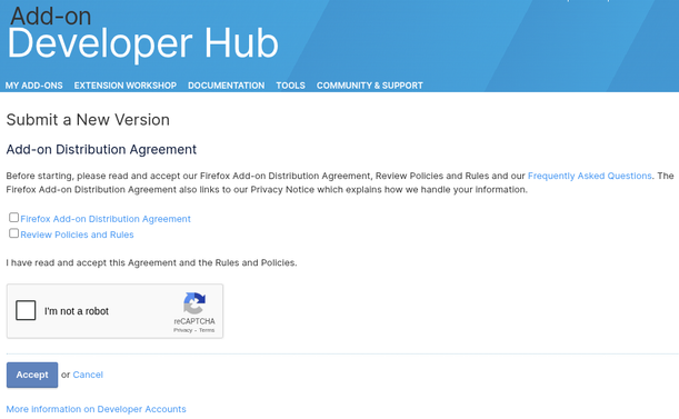 A page on the Mozilla add-on developer hub which informs about add-on distribution agreement et cetera with a Google Captcha.