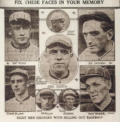 Grainy, black and white photos of the eight "Chicago Black Sox." By Underwood & Underwood - Anderson, Wayne (2004) "The Fix" in The Chicago Black Sox Trial: A Primary Source Account, Great Trials of the Twentieth Century, New York, United States: The Rosen Publishing Group, pp. p. 10 Retrieved on 3 June 2011. ISBN: 0-8239-3969-3., Public Domain, https://commons.wikimedia.org/w/index.php?curid=15385068