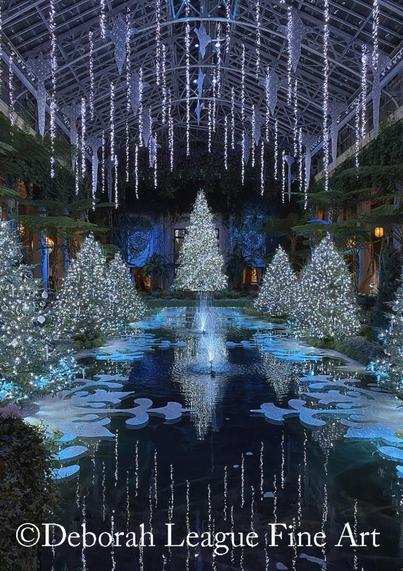 Longwood Gardens Christmas 2021 Exhibition Hall Decor. This year's theme is Fire & Ice where opposites attract. Fiery reds contrast with frosty cool tones throughout the gardens. At the Exhibition Hall is a clear blue alpine stream with delicately flocked trees, a cascading waterfall, and suspended icicles gleaming above. A 21-foot flocked Fraser Fir, complete with an icy garland and silver bay laurel, beautifully reflect the festive scene.