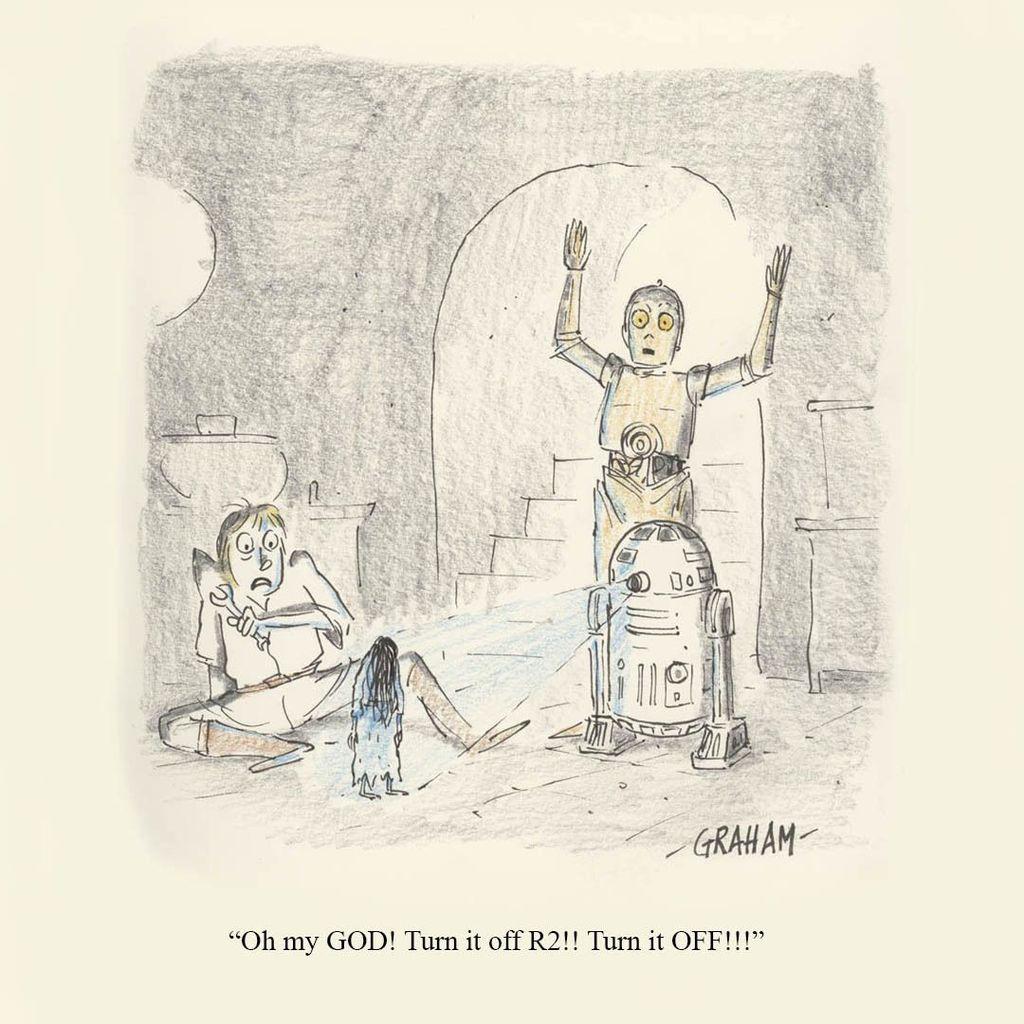 A cartoon illustration of Luke Skywalker and C3PO being surprised by a hologram of a the Ring girl being projected by R2-D2. Caption reads "Oh my GOD! Turn it off R2!! Turn it OFF!!!"