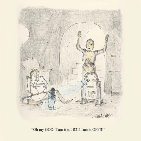 A cartoon illustration of Luke Skywalker and C3PO being surprised by a hologram of a the Ring girl being projected by R2-D2. Caption reads "Oh my GOD! Turn it off R2!! Turn it OFF!!!"