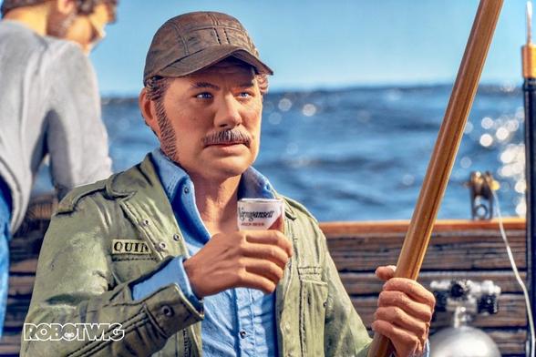 Quint holds a beer can in one hand and a fishing rod in the other. Hooper is seen in the background throwing chum into the water