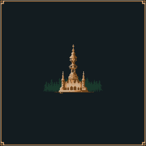 an ivory looking building with a big fancy spire in the middle two smaller spires on the sides, in front of a forest silhouette